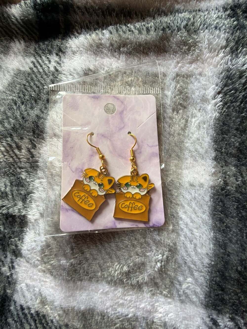 Cartoon Kitty Cat Coffee Gold Tone Enamel Drop Dangle Earrings